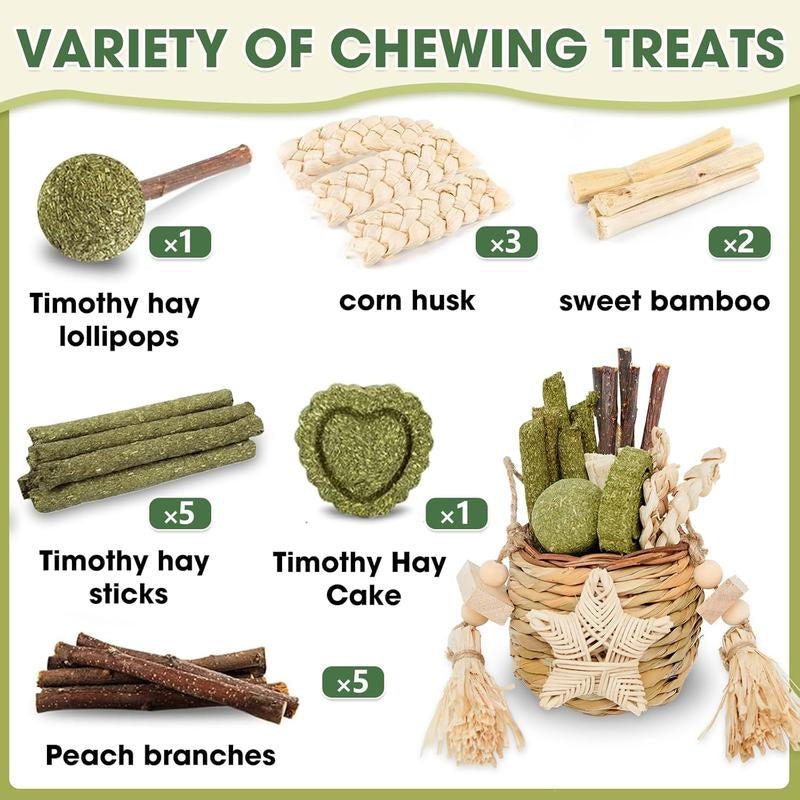 Jorewood Rabbit Chew Toys, Natural Reed Grass Hanging Basket Chews, Woven Bunny Chewing Timothy Cake Wood Treats for Small Pets