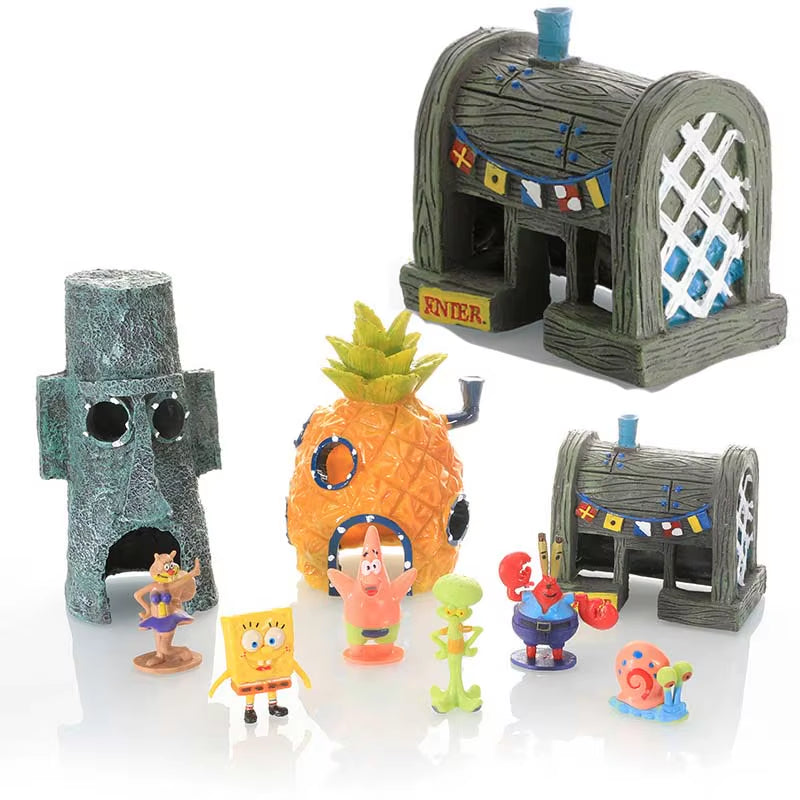 Spongebobs Anime Action Figures Cartoon Mini Dolls Fish Tank Decoration Landscaping Aquarium Accessories Kids Birthday Gifts Set