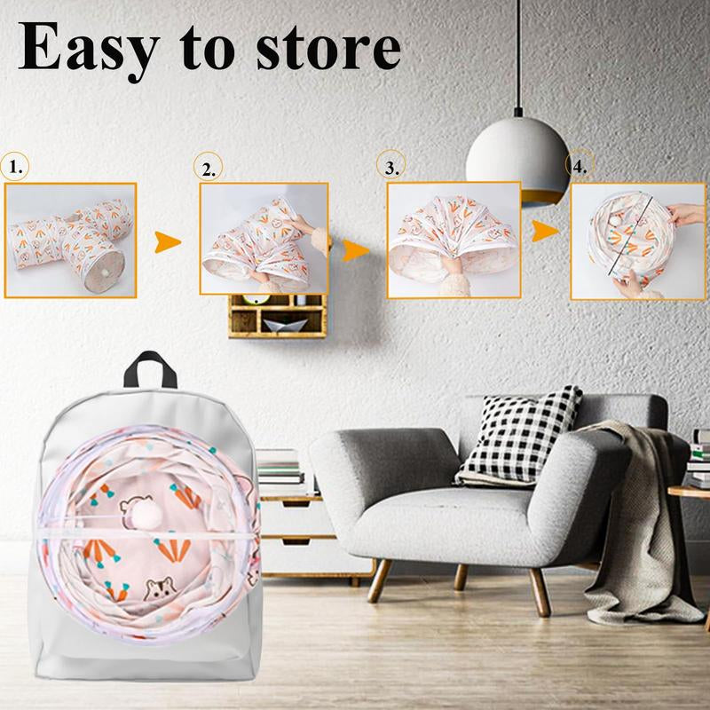 Collapsible 3-Way Hideout Tunnel with Chew Toys for Bunny, Guinea Pig, Ferret, and Kitten