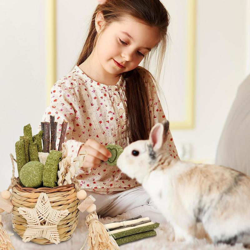 Jorewood Rabbit Chew Toys, Natural Reed Grass Hanging Basket Chews, Woven Bunny Chewing Timothy Cake Wood Treats for Small Pets