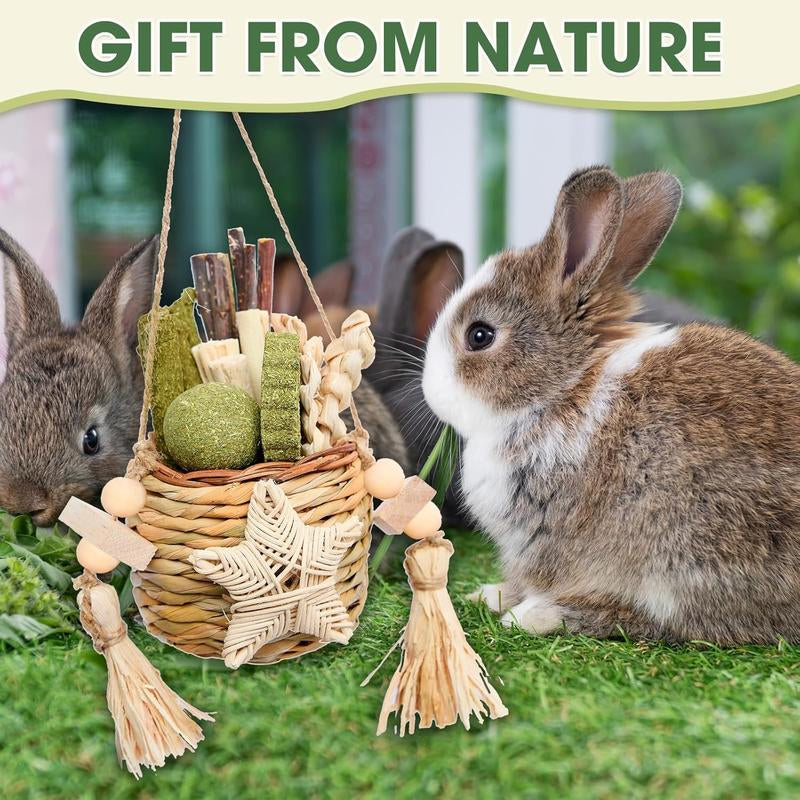 Jorewood Rabbit Chew Toys, Natural Reed Grass Hanging Basket Chews, Woven Bunny Chewing Timothy Cake Wood Treats for Small Pets