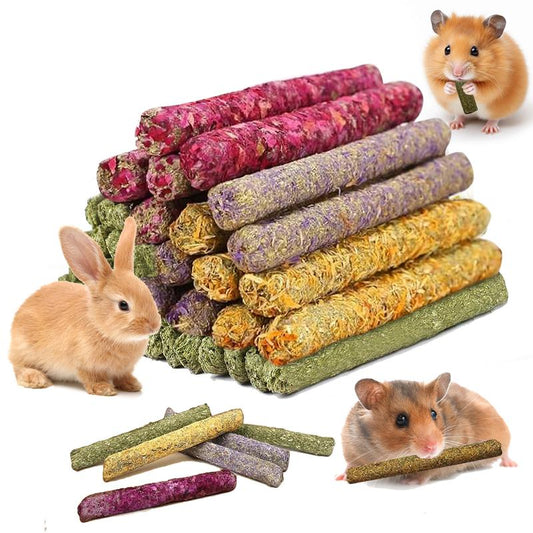 JOREWOOD 33PCS Rabbit Chew Sticks, Mixed Timothy Hay Flower Rose Dahlberg Daisy and Forget-Me-Not Chew Toys Treats for Bunny Chinchilla Guinea Pig Hamster and Other Small Pets Molar Snacks