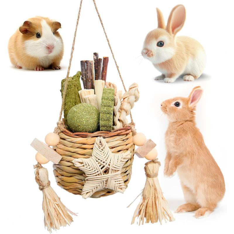 Jorewood Rabbit Chew Toys, Natural Reed Grass Hanging Basket Chews, Woven Bunny Chewing Timothy Cake Wood Treats for Small Pets