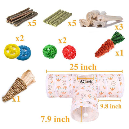 Collapsible 3-Way Hideout Tunnel with Chew Toys for Bunny, Guinea Pig, Ferret, and Kitten