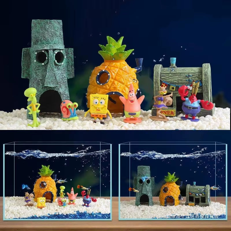 Spongebobs Anime Action Figures Cartoon Mini Dolls Fish Tank Decoration Landscaping Aquarium Accessories Kids Birthday Gifts Set
